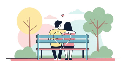 Obraz premium Couple sitting together on a park bench in pastel style. Sweet lovers resting on a bench under soft colors. Romantic park moment with couple side by side