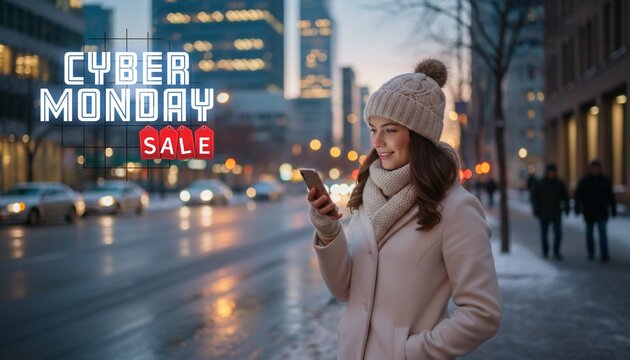 Cyber monday sale banner design concept. Young beautiful woman using mobile phone at dusk in the city on a winter day. 