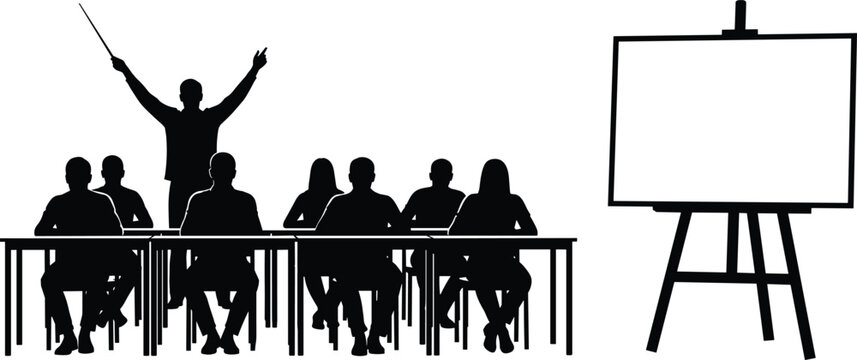 Silhouette illustration of instructor leading classroom training seminar with audience seated at desks, professional education workshop scene, teacher presentation concept with blank easel board - Powered by Adobe