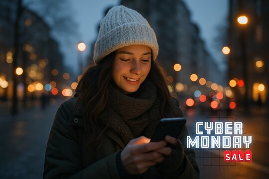Cyber monday sale banner design concept. Young beautiful woman using mobile phone at dusk in the city on a winter day. 