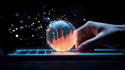 A hand touches a glowing sphere with a stock market graph inside, hovering over a laptop keyboard, with bokeh lights in the background.