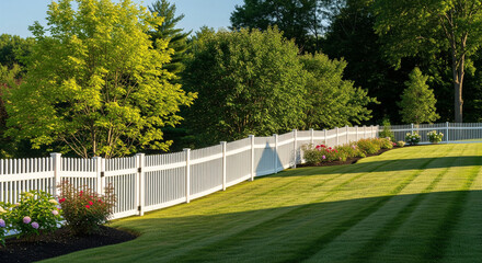 lawn with white picket fence and trees