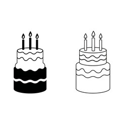 Two layer birthday cake with candles in silhouette and outline style