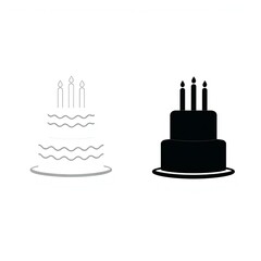 Simple silhouette and outline of a layered birthday cake with candles