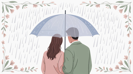 Couple under umbrella framed by soft floral rain. Romantic floral-framed scene of lovers in rain. Tender couple illustration with falling rain