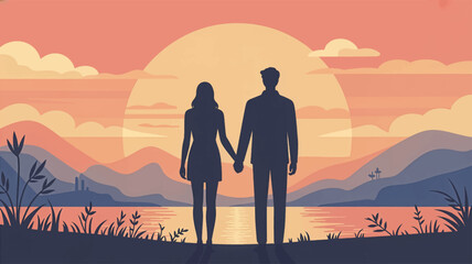 Romantic couple holding hands at a warm sunset lake. Sunset lovers standing together in soft pastel scenery. Peaceful couple silhouette facing a glowing sunset