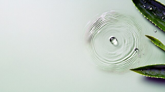 Close-up of fresh aloe vera leaves with water droplets, creating ripples on a calm water surface.