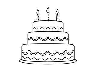 Simple black and white line drawing of a three tier birthday cake with candles