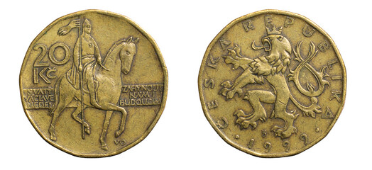 Coin of twenty Czech koruna isolated on white background