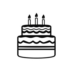 Simple black and white outline drawing of a two tier birthday cake with candles