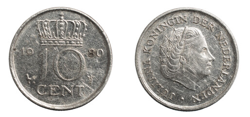 ten dutch cents coin isolated on white background