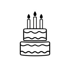 Simple line drawing of a two tier birthday cake with three candles