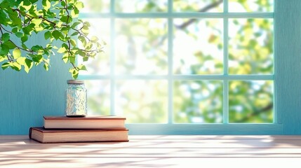 A stack of two books sits on a wooden surface next to a glass jar filled with white material, with green leaves and a window in the background.