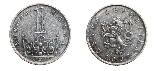 Czech republic one krone coin on white isolated background