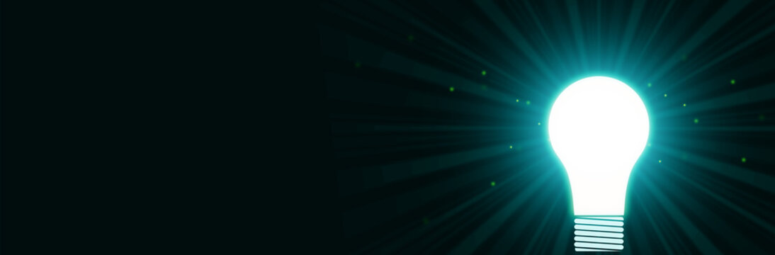 A bright glowing light bulb radiates blue beams from the left side over black background, symbolizing creativity, inspiration, innovative thinking, solution, understanding, and innovation.