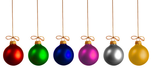 Six different colored Christmas balls ornament hanging from gold strings with a transparent background.
