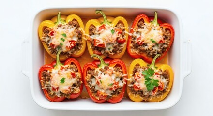 Fototapeta premium Overhead shot of stuffed bell peppers in white baking dish.