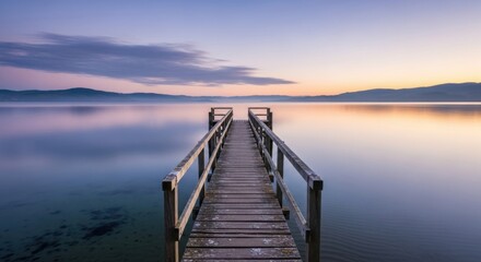 Obraz premium Wooden pier extends into tranquil lake at sunset, serene landscape.