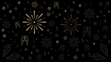 New year's eve celebration festive party fireworks champagne background elegant gold suitable for holiday greeting cards, banners, event invitations, social media posts, and festive designs.