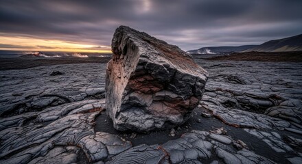 Dramatic Landscape - Massive Rock Formation Amidst Volcanic Terrain Under Cloudy Sky.