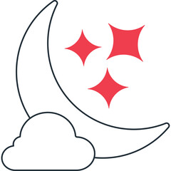 Stylized Crescent Moon with Red Stars and a Cloud on a Transparent Background