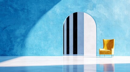 A single yellow armchair sits in a brightly lit room with a textured blue wall and an arched doorway featuring vertical stripes.