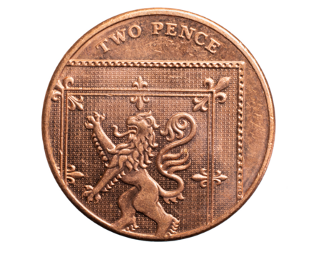 two pence coin on a white background