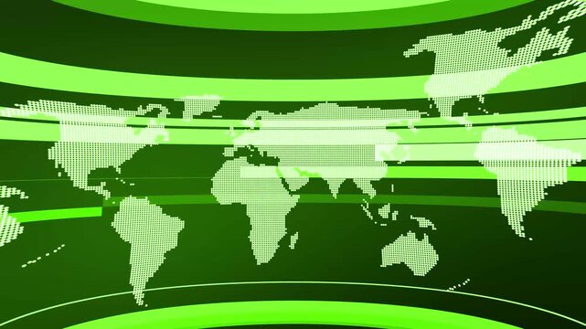 news background animation. Dotted world map on a curved green background with glowing green bars dotted map global