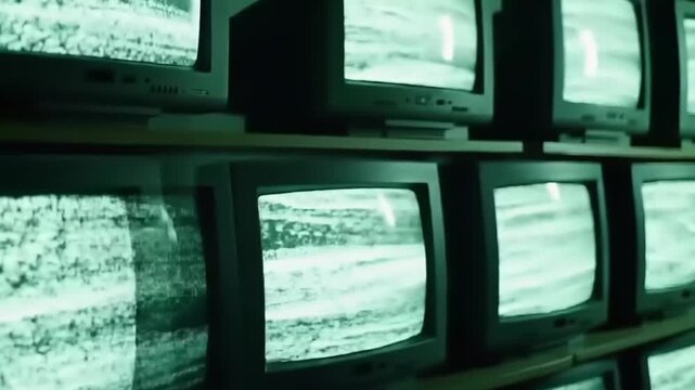 Rows of old static TV monitors.