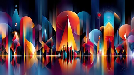 A colorful, abstract cityscape featuring geometric shapes, glowing lights, and reflections on a dark background.