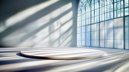 An empty, circular platform sits in a bright, modern room, bathed in dramatic light and shadow from large windows.