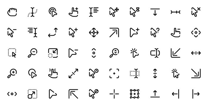 Selection and Cursors icon set. Vector cursor and ponter symbols collection. Icludes hand, click, scroll zoom, resize, drag, move,select, pointer, crosshairand more. Editable stroke.
