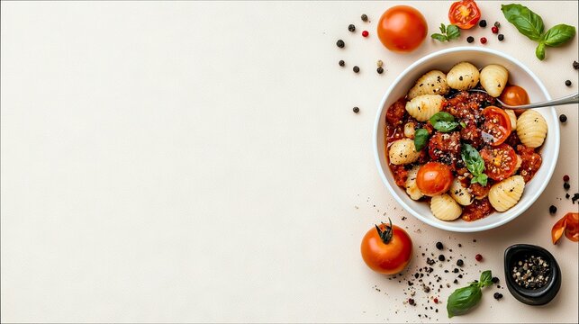 A bowl of gnocchi with tomato sauce, cherry tomatoes, and basil, presented with whole tomatoes and peppercorns on a light surface.