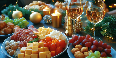 Festive charcuterie platter cheese cubes grapes cured meat nuts candles wine glasses cozy holiday scene