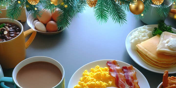 Scrambled egg bacon pancakes coffee breakfast cup plate scrambled egg and bacon breakfast with pancakes and coffee festive - Powered by Adobe