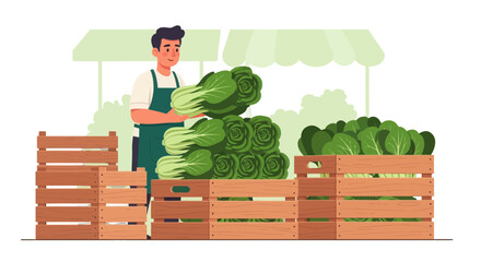 Fresh Produce Vendor Showcasing Vegetables At A Local Farmers Market For Sale Illustration
