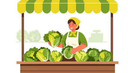 Fresh Produce Vendor Standing Behind A Vegetable Stall Selling Fresh Green Lettuce