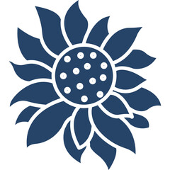 Stylized dark blue sunflower graphic with a white transparent background representing nature and floral elements