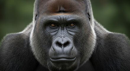Obraz premium Gorilla portrait highlighting strong features, expressive eyes, and natural fur texture in a wild or forest environment.