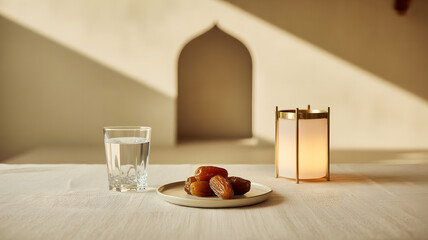 Obraz premium Minimalist Iftar Still Life: Dates, Water, and a Modern Lantern Against an Arch Shadow