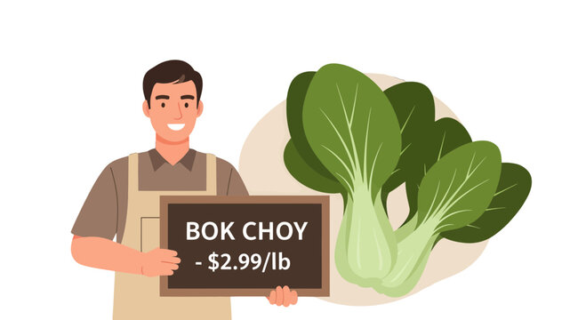 Fresh Produce Display: Smiling Grocer Presents Bok Choy Offering on Black Background