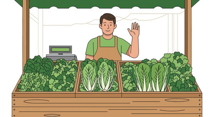 Friendly Green Grocer Offering Fresh Produce and Welcoming Customers at the Market