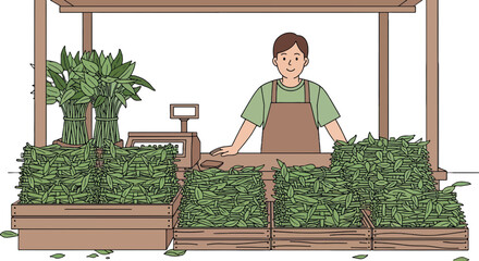 Friendly Green Grocer Stands behind a Lush Display of Freshly Harvested Produce