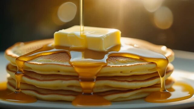 Fluffy golden pancakes with sweet syrup and melting butter creating a warm and delicious breakfast moment