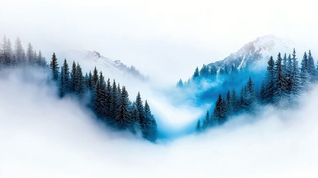 A serene winter landscape featuring a dense pine forest partially obscured by ethereal blue fog, with snow-capped mountains in the background. - Powered by Adobe