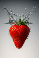 Fresh strawberry dropping into water with a splash isolated on white background