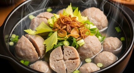 Delicious hot soup with large meatballs, garnished with fresh green herbs and crispy fried onions, served in a dark pot
