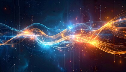 Abstract digital illustration featuring flowing waves of blue and orange light
