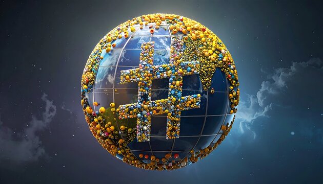 A digital globe covered in emojis with a large hashtag overlaid