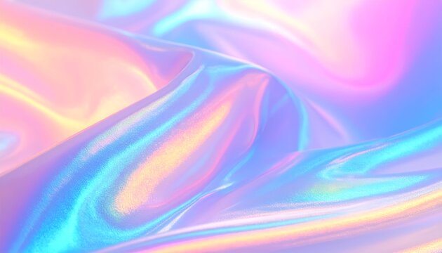 Close-up of iridescent, rippling fabric with soft, pastel color gradients and highlights